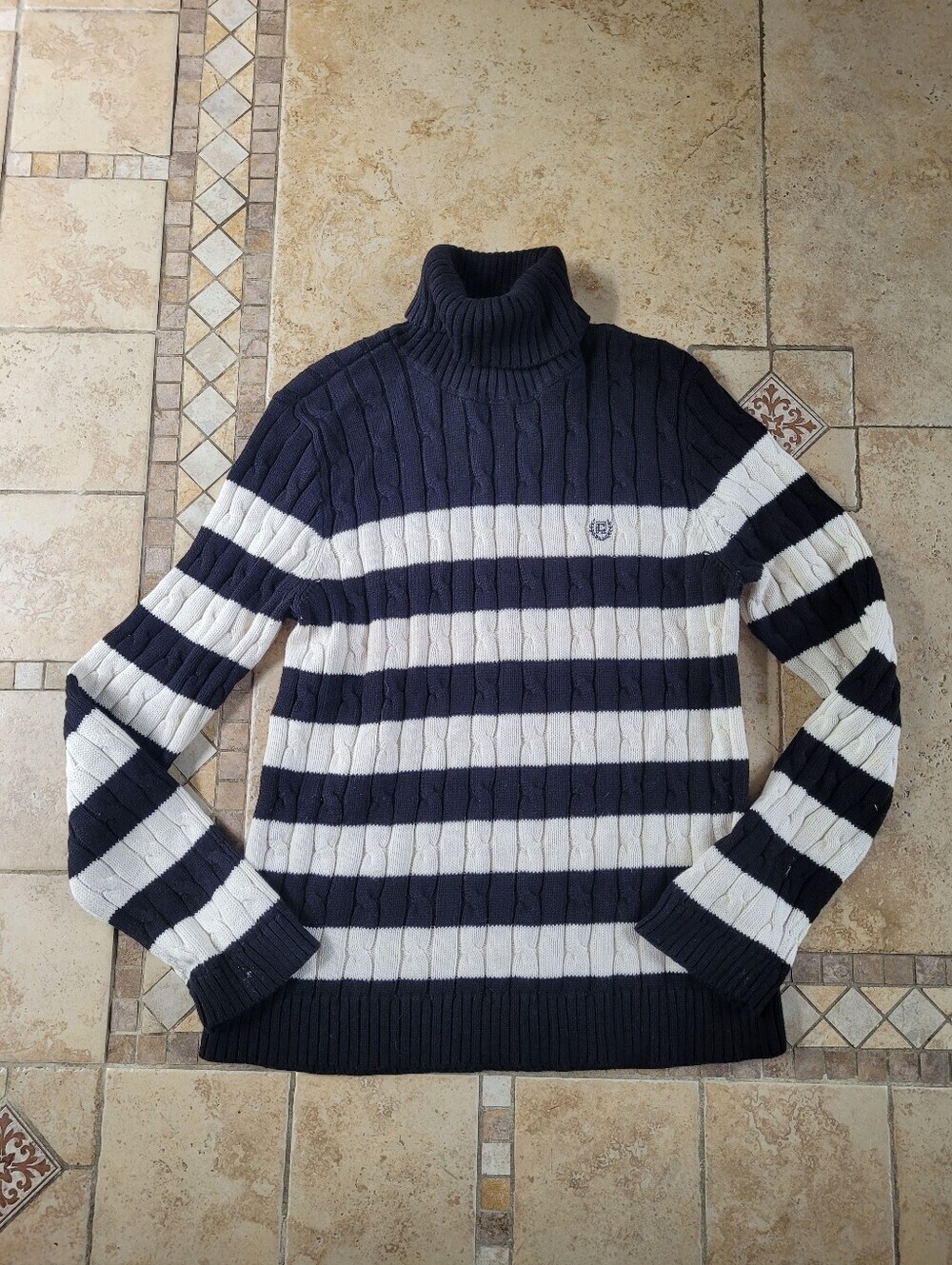 Chaps Black and White Striped Cable Turtleneck Sweater